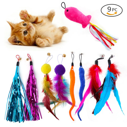 9 Pack Colorful Feather Replacement Head Funny Cat Stick