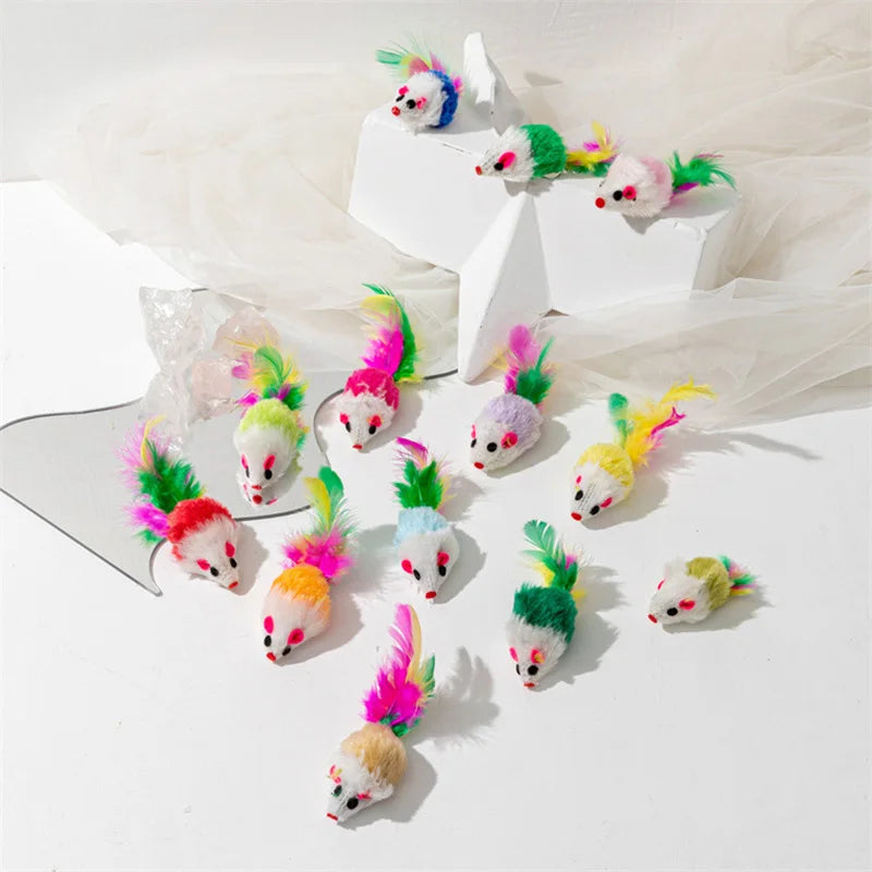 Pet Cat Toys Rabbit Fur False Mouse  Feather Rainbow Mouse Toy